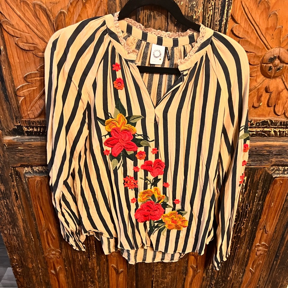 Akemi + Kin , small , tan, and navy pinstripe embroidered blouse